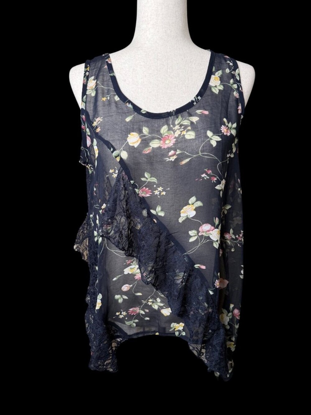 Floral Navy Sheer Patchwork Lace Lagenlook Top Asymmetrical M/ L Fairygrunge Y2k